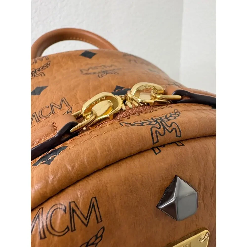 MCM Cognac Visetos Studded Mini Backpack with Gold & Gunmetal Accents